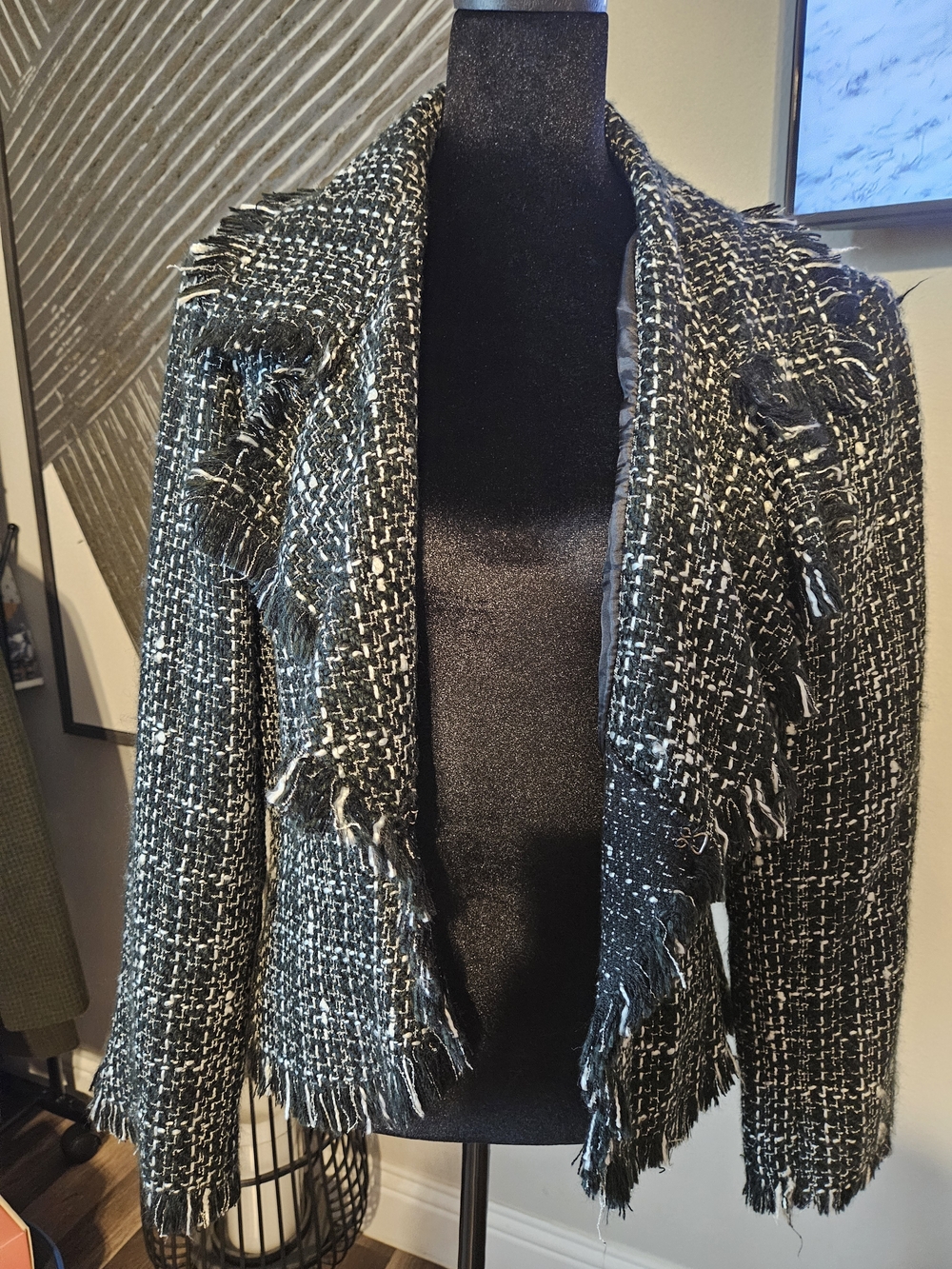 hearts of palm Black & White Woven Fringe Open-Front Jacket